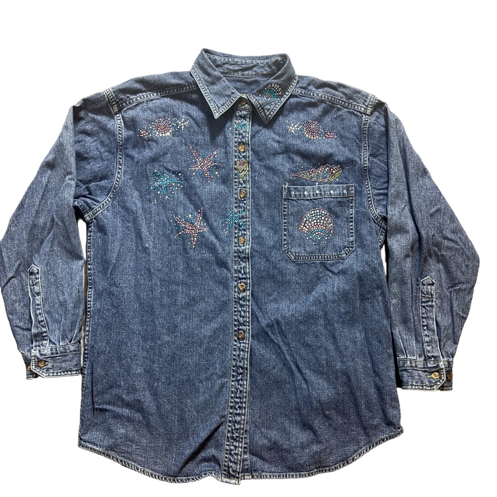 Vintage Woolrich Dark Denim Button Down Embellished Longsleeve Shirt M Blue